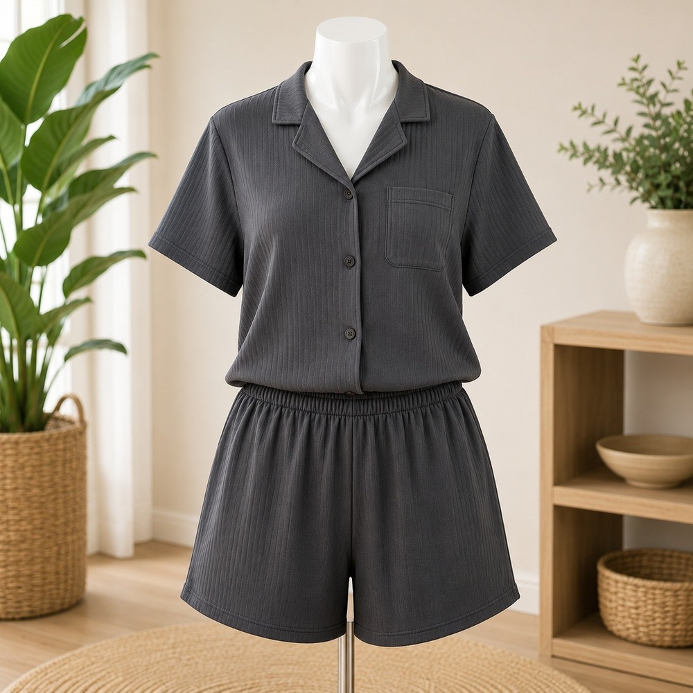 NWT Cupshe Pajama Set Womens Medium‎ Grey Ribbed Short Sleeve Button Down Shorts